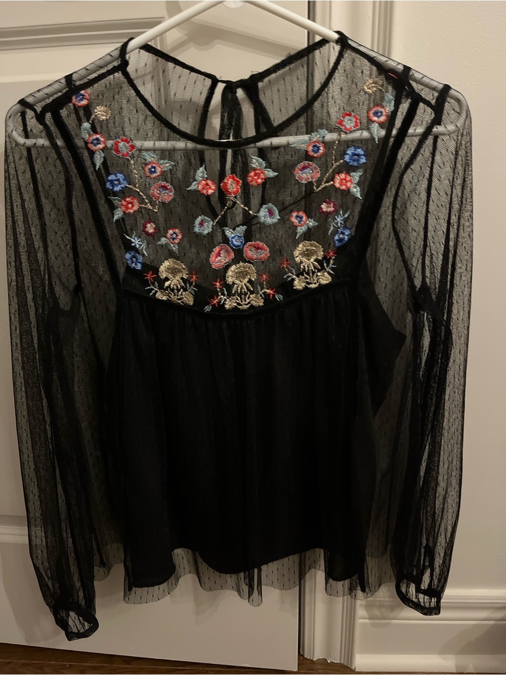 Zara Black Sheer Blouse with Multicolor Floral Embroidery